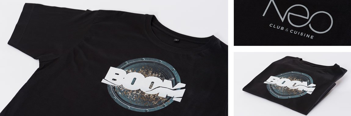 Neo club&cuisine - 10-Farb-Textil-Siebdruck auf T-Shirt (Direktdruck)