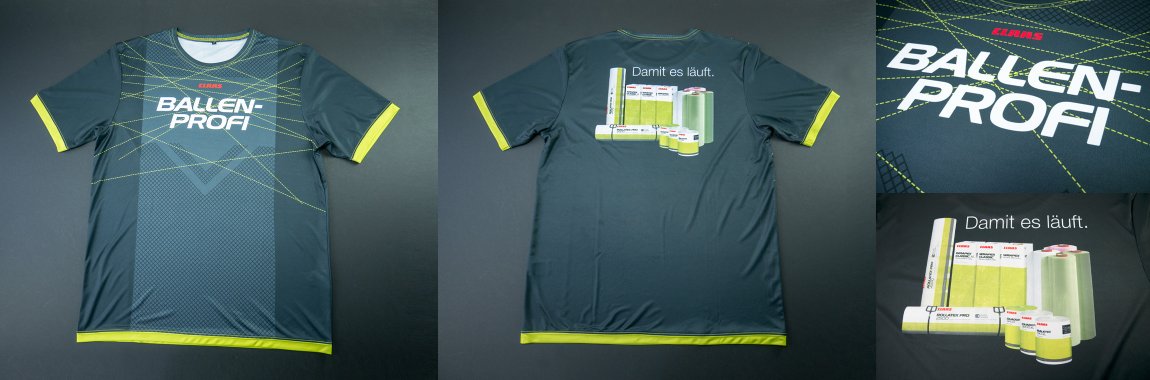 Dunkelgraues Funktionsshirt mit neongelben Abschlüssen, BALLEN-PROFI-Aufdruck auf der Vorderseite und Produktmotiv mit dem Schriftzug ‚Damit es läuft‘ auf der Rückseite